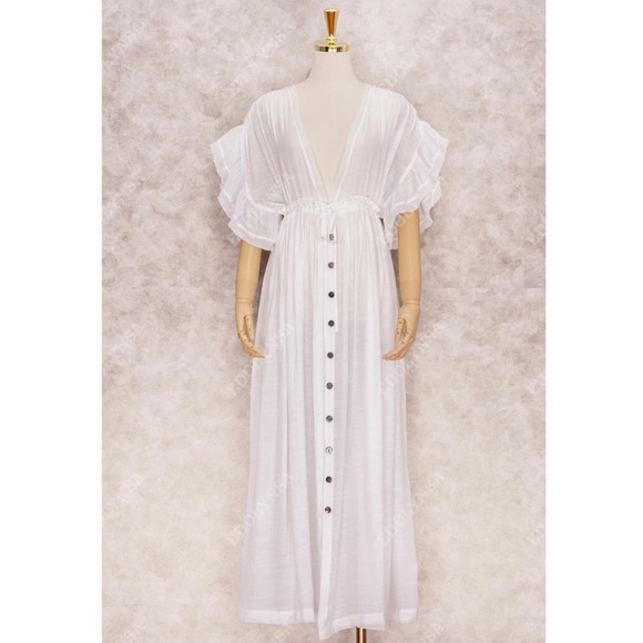 White Boho Deep V Open Back Maxi Cover Up Dress w/ Pockets - Picture 10 of 13